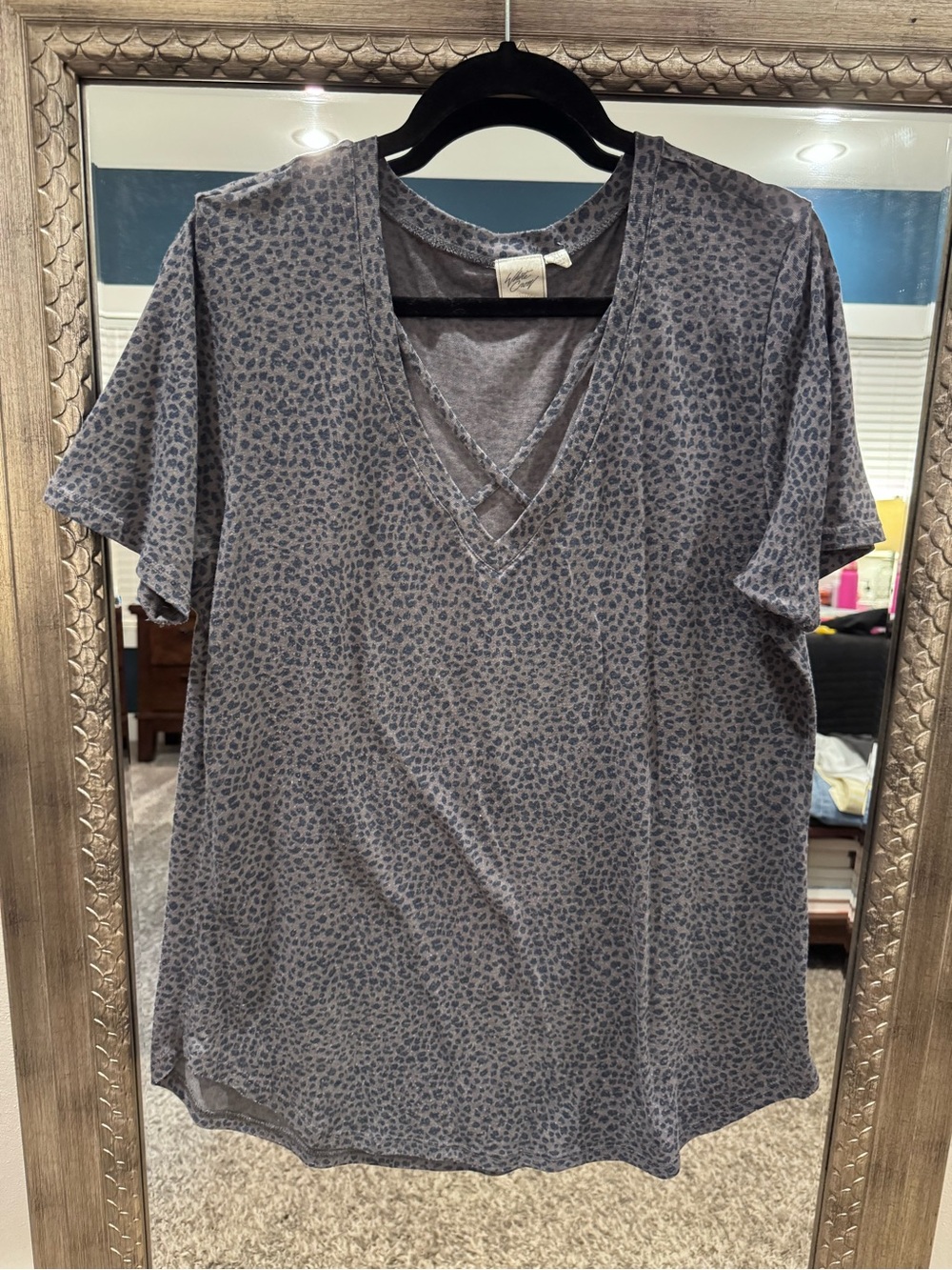 White Crow Gray Blue Leopard V-Neck Tunic with Crisscross Chest Detail